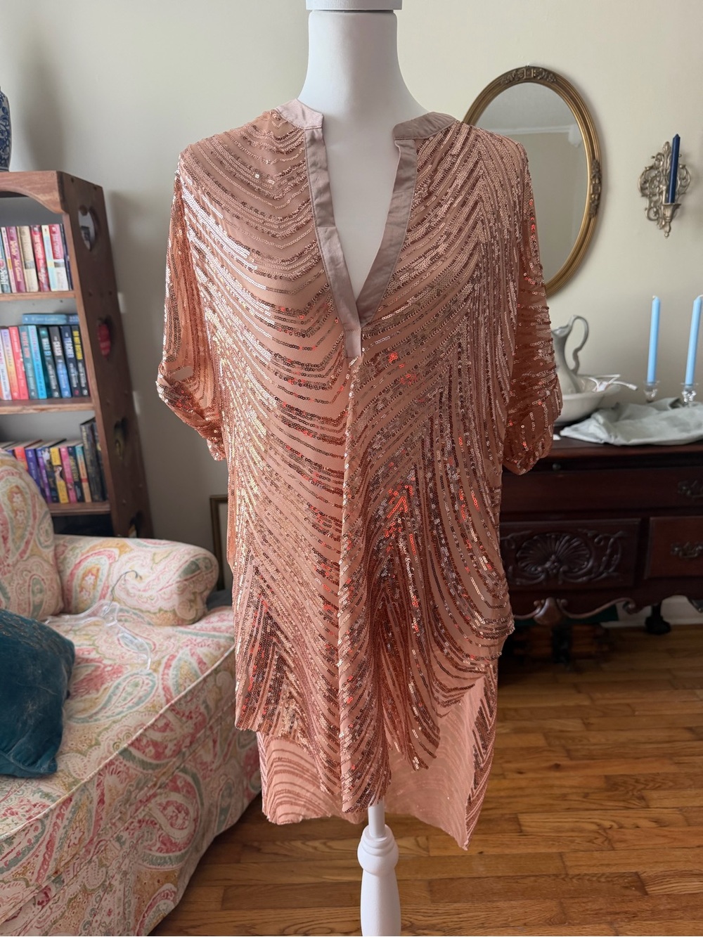 Southern Fried Chics Blush Sequin V-Neck Tunic Top